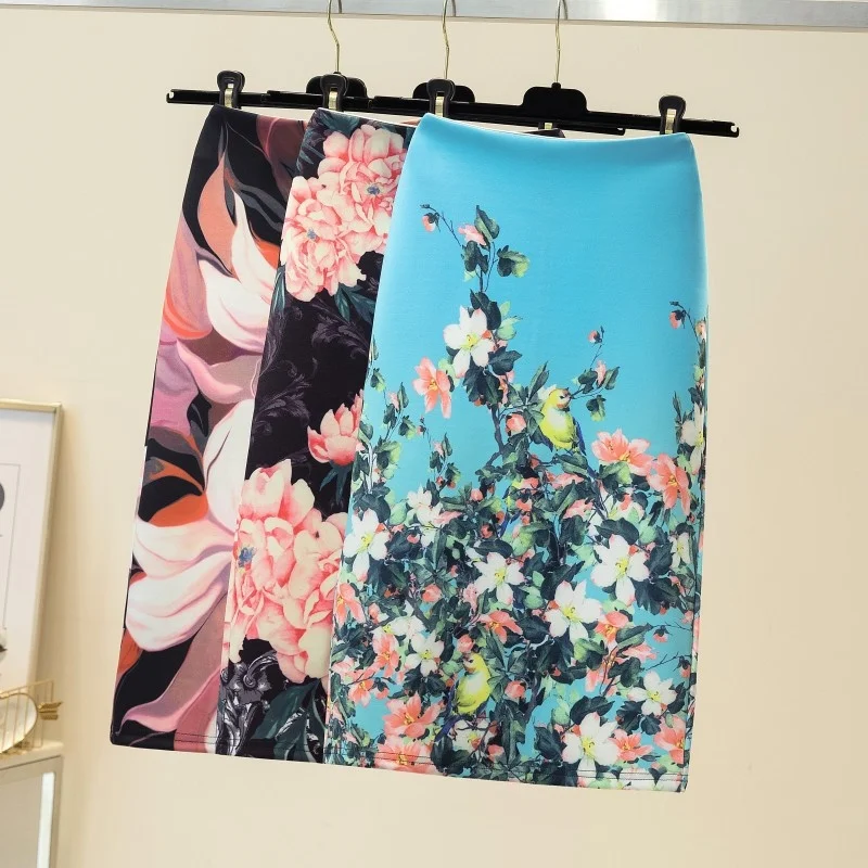 

Summer Fashion Blue Flower Print Women Pencil Skirts High Waist Office Ladies Wrap Hip Midi Skirt Casual Bottoming Bodycon Skirt