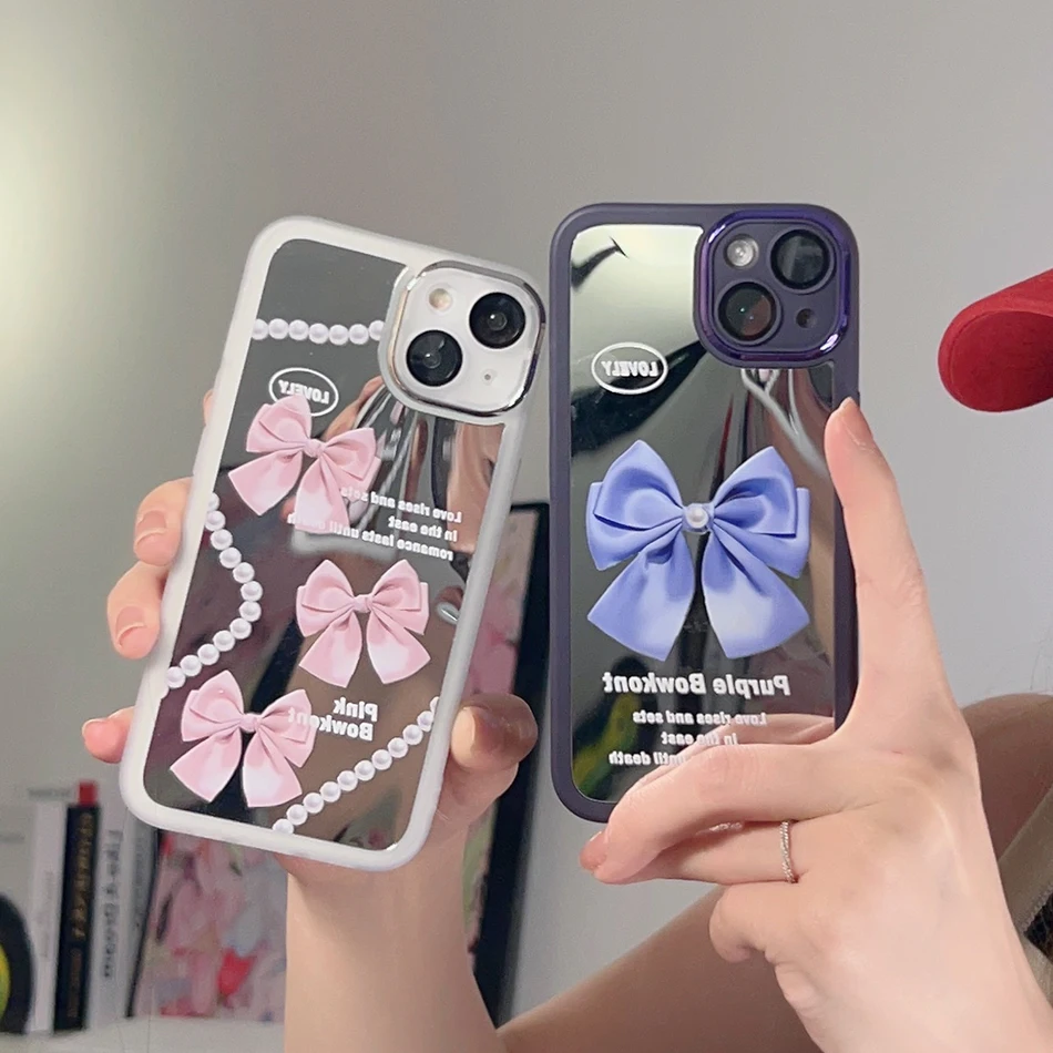

Металлический зеркальный розовый фиолетовый чехол с бантом для iPhone 14 Pro Max 13 12 11 Pro Max 14 Plus X XR XS MAX, противоударный мягкий чехол