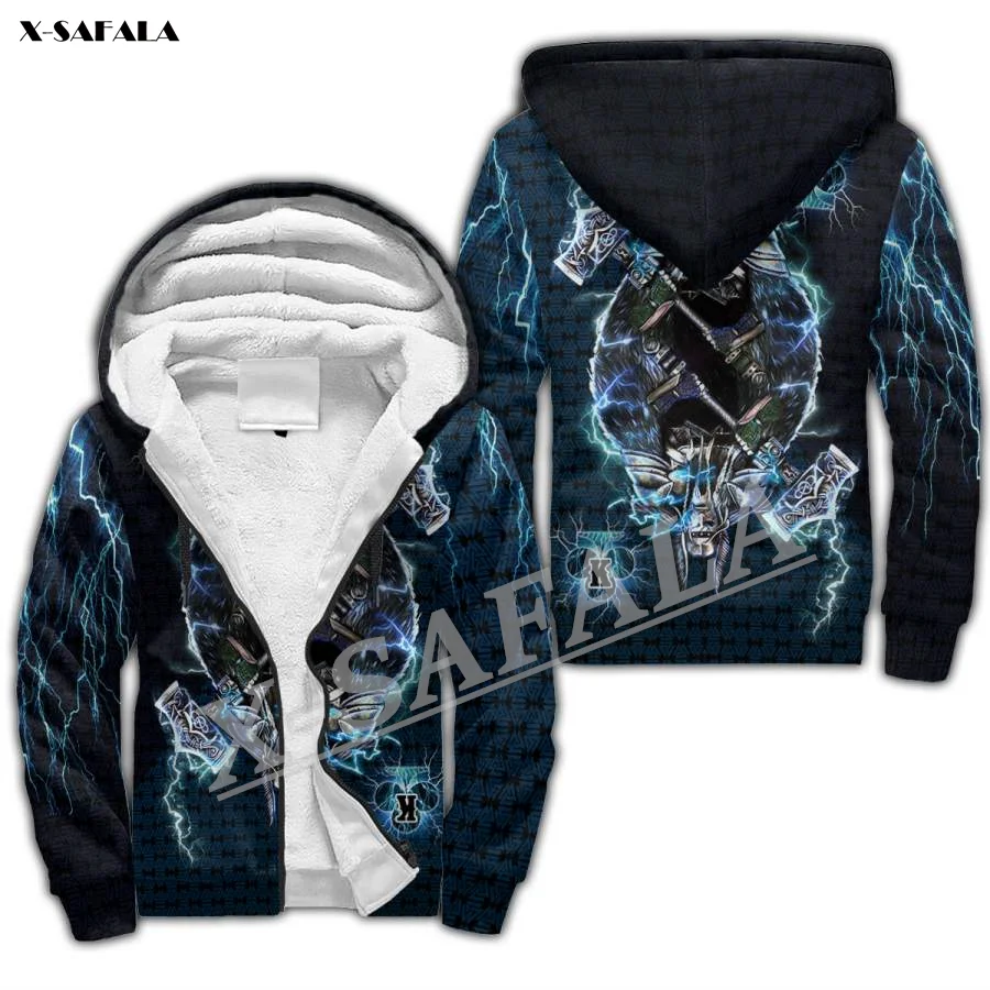 Fenrir Wolf Viking 3D Print Men Warm Thick Fleece Zipper Hoodie Jacket Windproof Pullover Coat Hooded Outwear US Size Winter