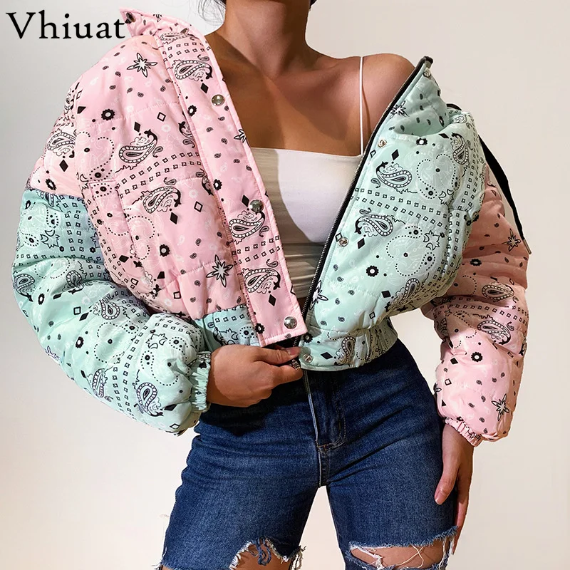 

Vhiuat Female Patchwork Print Thick Warm Hooded Cotton Coat Fashion Parkas Short Jackets Tops Outwear 2021 Winter Women Clothes