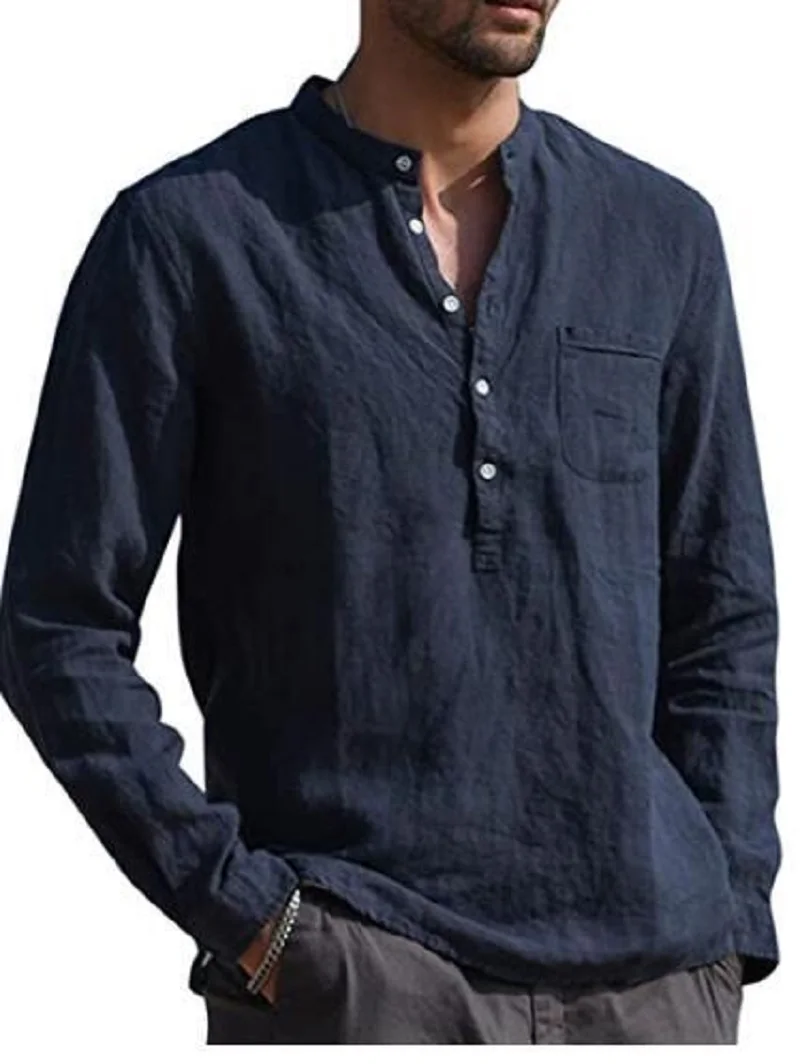 2021 Hot Sale Men's Long-Sleeved Shirts Summer Solid Color Cotton Linen Stand-Up Collar Casual Beach Style Plus Size