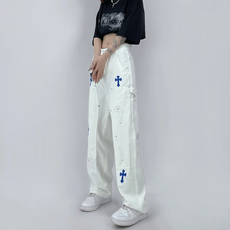 Women's Fashion Y2K Clothes White Jeans Men Wide Baggy Printed Denim Wide Pants For Women Straight Trousers Teachwear Streetwear