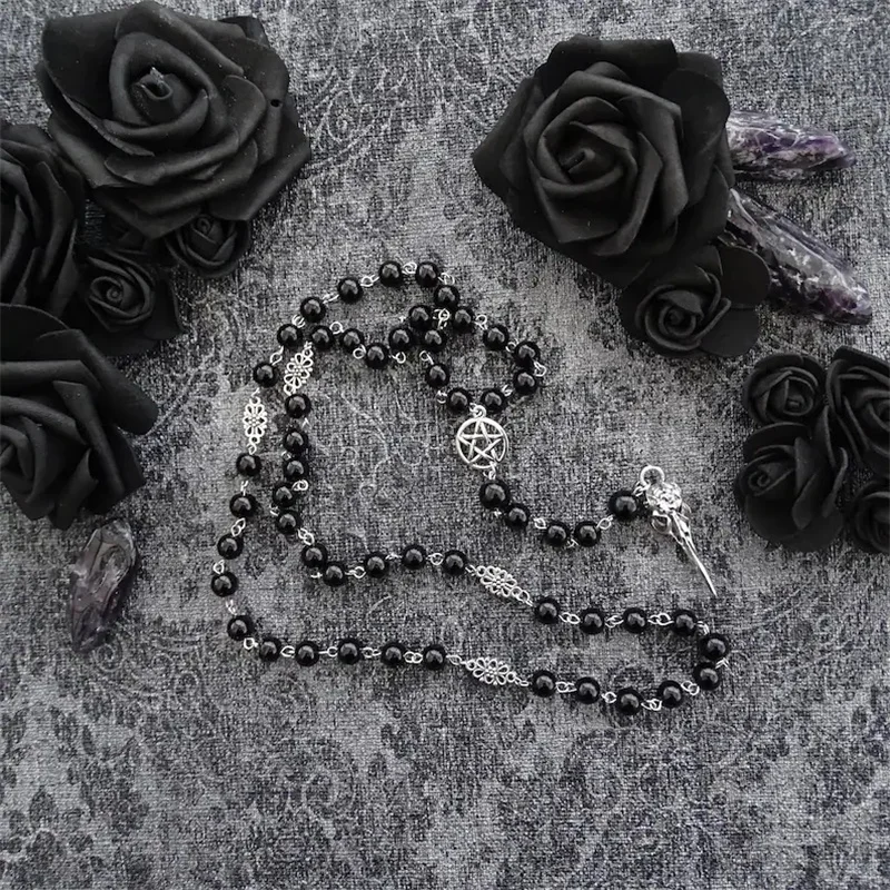 

Black Rosary With Pentagram and Raven Skull in Antique Silver,Black Bead Necklace,Gothic Necklace,Raven Skull,Steampunk jewelry