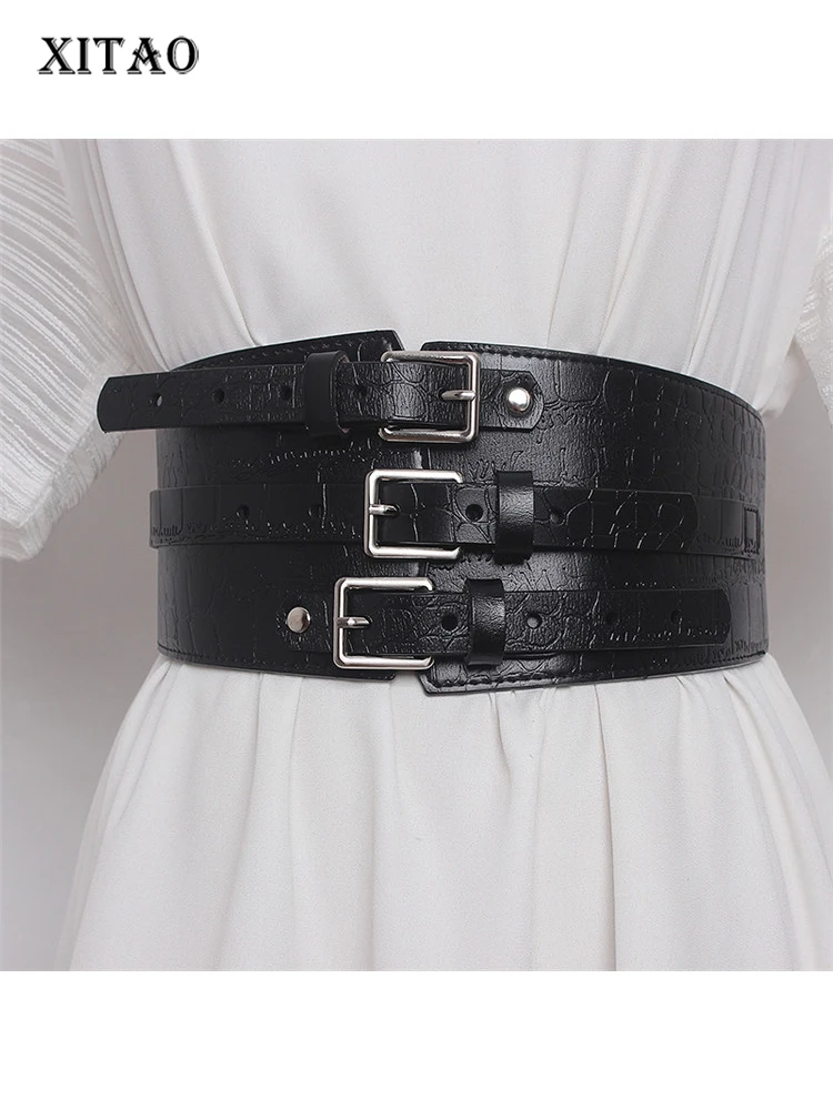 

XITAO Black Cummerbunds Crocodile-print Cowhide Stitched Elastic Irregular Small Fresh Casual Style 2022 Cummerbunds WLD8436