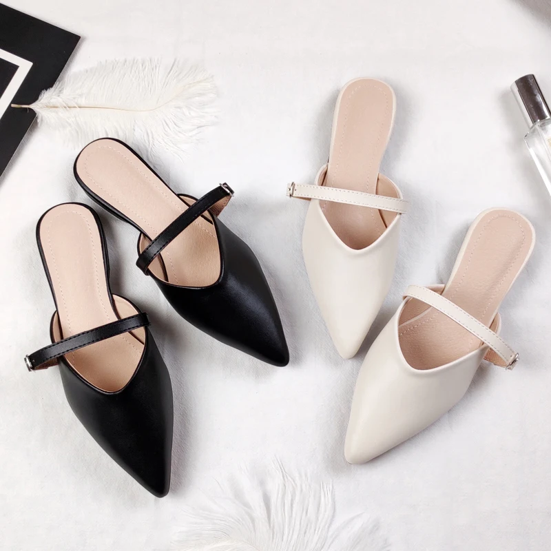 

Pointed Toe Loafers Female Shoes Womens Slippers Outdoor Low Mules Sexy Slides Fashion 2022 Luxury Flat Cover Bonded Leather PU