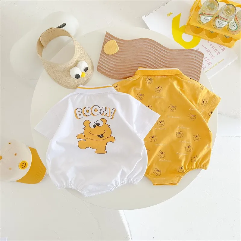 

2023 Korean Infant Baby Girls Romper Cotton Short Sleeve Turndown Collar Cartoon Printed Bodysuit Toddler Girl Triangle Jumpsuit