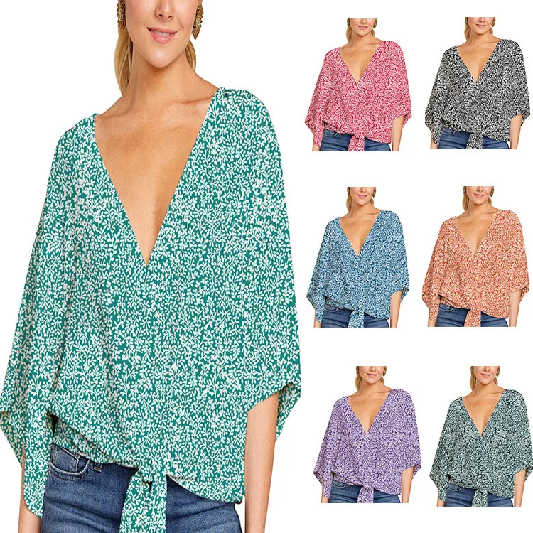 

2022 Women's Floral Shirt Spring Summer V Neck Short Sleeve Knot Print Top