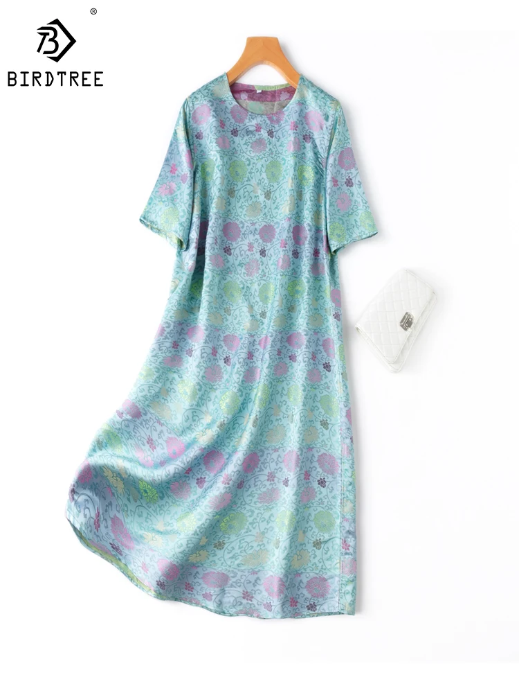 

Birdtree 100%Mulberry Silk Song Brocade Fashion Women's Aqua Blue Gorgeous High Style Lightweight Silk Crewneck Dress D38520QD