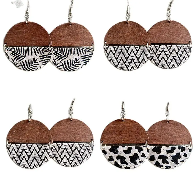 

Hot Semi-circular Earrings Fashionable Bohemian Cow Pattern Geometric Wood Earrings Hanging Earrings For Women Gift Wholesale