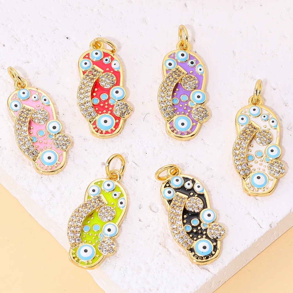 

Juya 18K Real Gold Plated Handicraft Enamel Love Heart Slippers Greek Evil Eye Charms Supplies