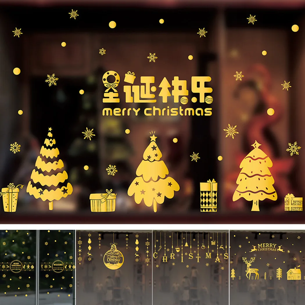 

1pc Merry Christmas Wall Stickers Gold Xmas Removable Decals For Shop Glass Decor Glass Showcase Decorative Sticker