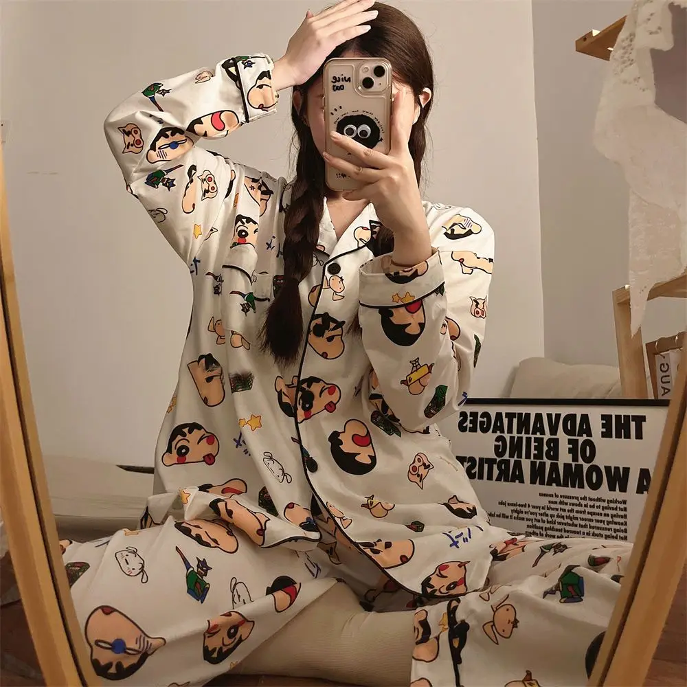 

Kawaii Crayon Shin-Chan Pajama Set Spring Autumn Ladies Pajamas Cartoon Casual Home Comfortable Polyester Loungewear Set