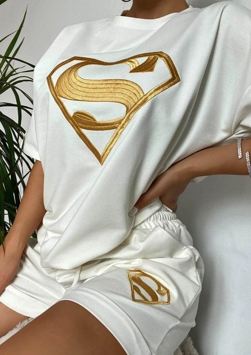 

2023 Women Tracksuit Summer O-neck T-shirt and Shorts 2 Pieces Set Embroidered Fashion Casual Sport Streetwear Female Suit