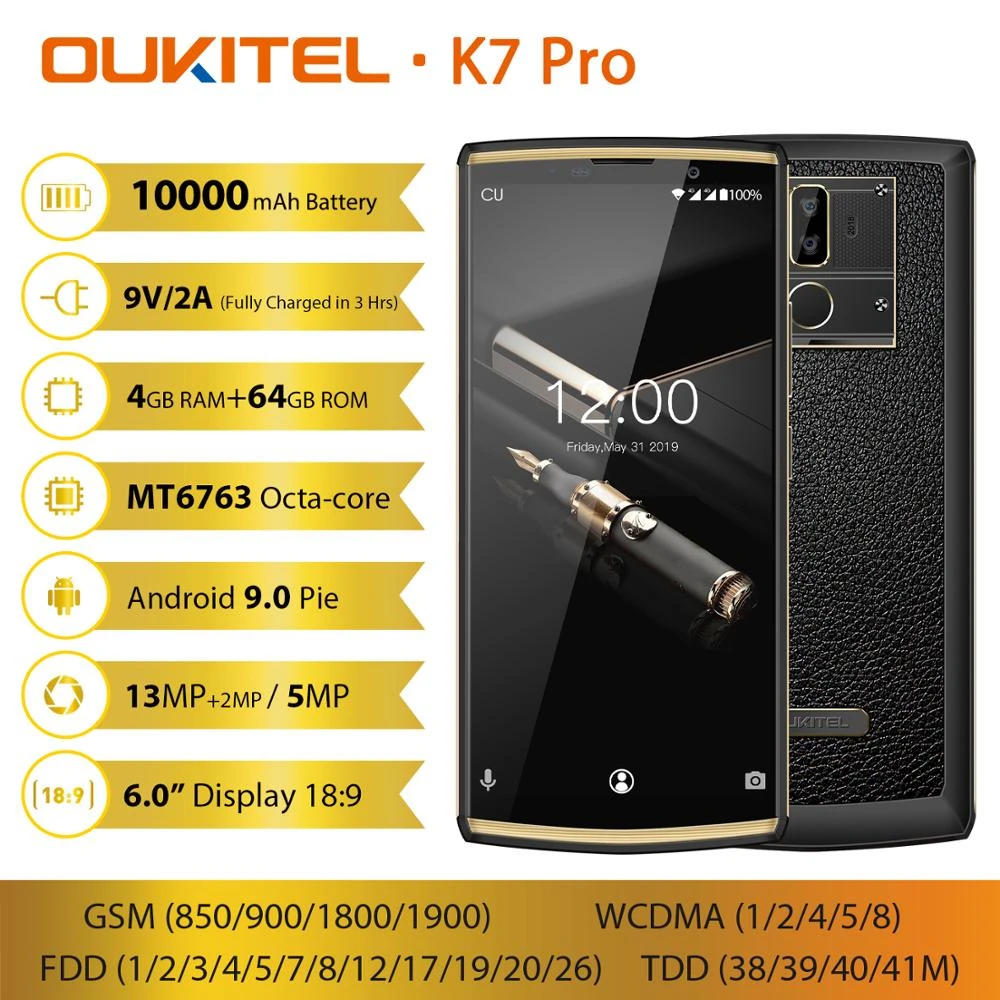 

K7 Pro Smartphone 4GB RAM 64GB ROM 6.0" FHD 18:9 MT6763 Octa Core Android 9.0 13.0MP 10000mAh Face ID 9V/2A Mobile Phone