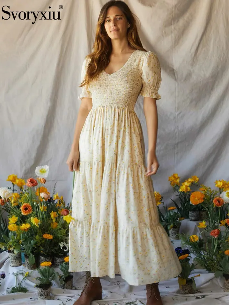 

Svoryxiu Fashion Designer Summer Elegant Print Ankle-Length Dress Women's Butterfly Sleeve Ruffle Elastic Waist Vacation Dress