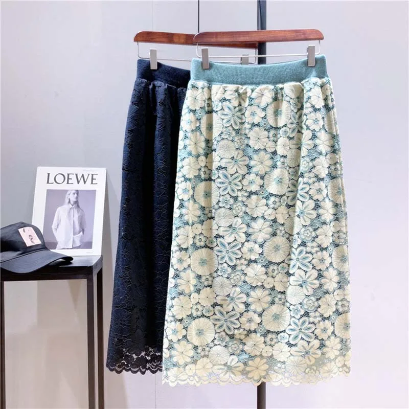 

DAYIFUN Women's Skirt Mid-calf Korean Fashion Knit A-Line Floral Print Elastic High-waisted Skirt Elegant Ruffles Woman Clothes