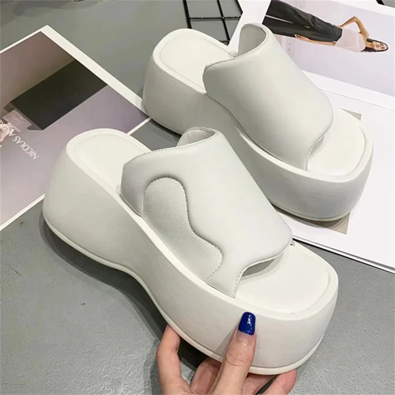

Square Toe Platform Slippers Leather Thick Bottom Female Sandals Slingback Muffin Mules Solid Color Flip Flops Women Shoes