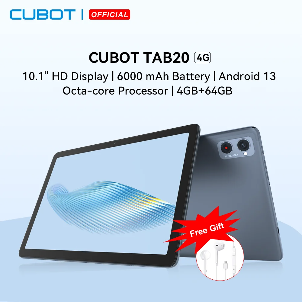 Cubot Tab 20, Tablet Android 13, Octa-Core, Tablet - Display 10.1", 6000Mah, 4Gb+64Gb (Espandibile Fino Ad 256Gb), Wifi+Bluetooth, 4G Lte, 13Mp Fotoca