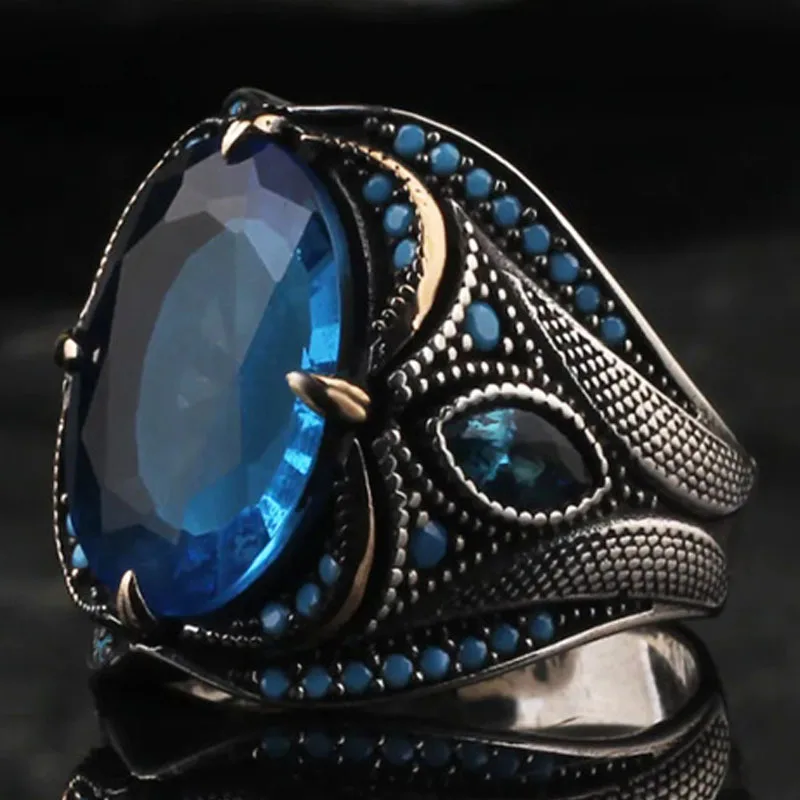

Sapphire Men's Ring Personality Retro Punk European and American Diamond Ring Turkey Inlaid Turquoise High-end Luxury Jewelry