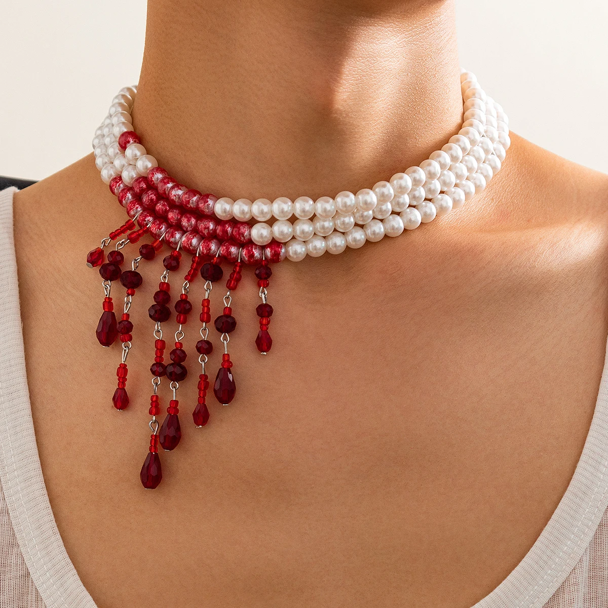 KunJoe Винтажное ожерелье с красными кристаллами и подвеской в виде капли крови для