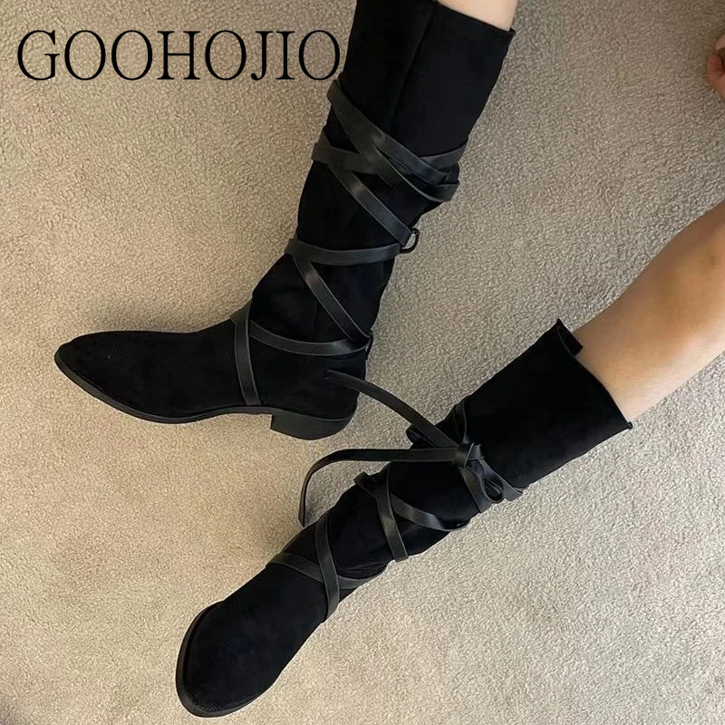 Новые модные женские повседневные сапоги замшевые уличные до середины икры