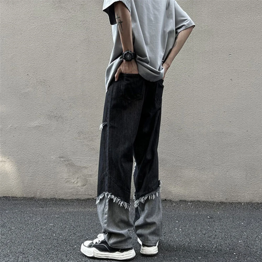 Men Hip Hop Streetwear Unisex Jeans Male Korean Style Street Loose Patchwork Harajuku Denim Color Contrast Street Sketeboard