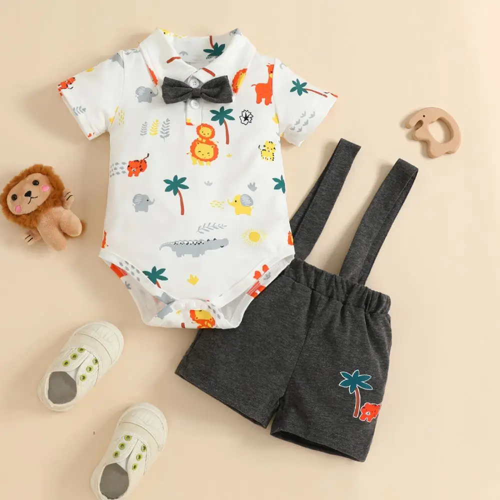 

Baby Boys Clothes Set Summer Outfit Animal Print Short Sleeve Lapel Neck Shirt Romper+Solid Color Suspender Shorts for 0-24M