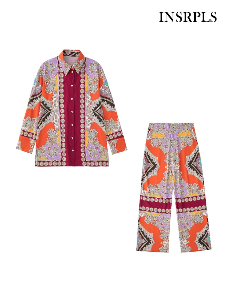 

INSRPLS Women Fashion Printed Flowing Shirts And High Waist Black Elastic Side Pockets Trousers Female Two Piece Sets Mujer