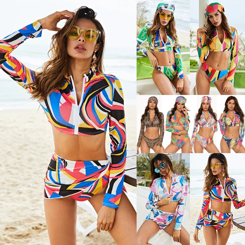 

Summer Women's Bikini Three-piece Printed Split Long Sleeve New swimsuit women