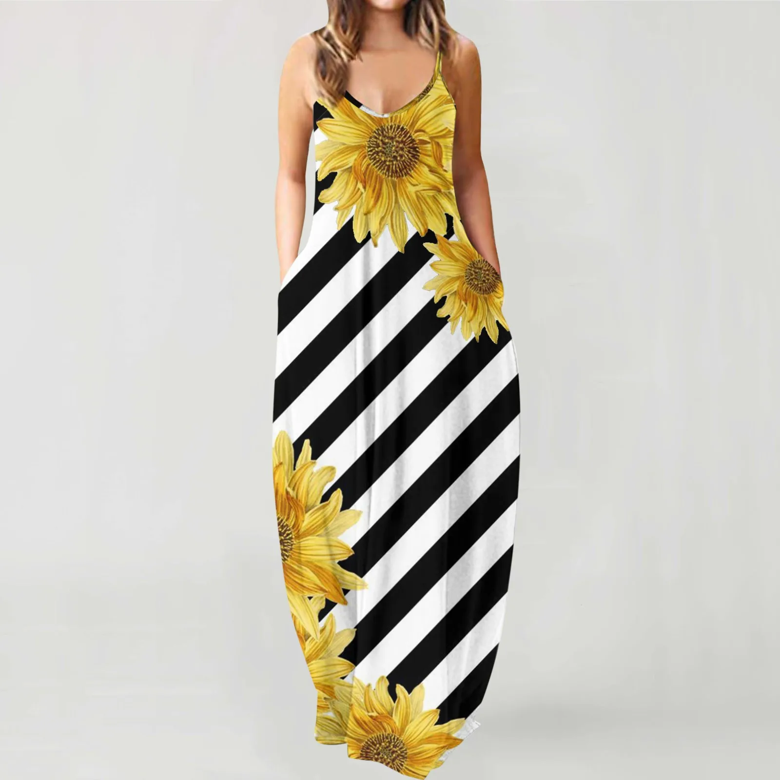 

Женское длинное платье-пуловер без рукавов, с круглым вырезом и цветочным принтом