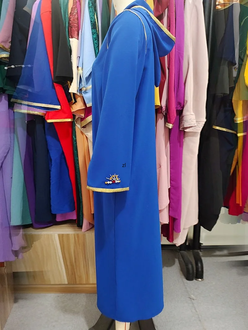 Gold Trimmings Djellaba Moroccan Hooded Caftan Women Rhinestones Arab Long Dress Muslim Dubai Saudi Gulf Party Abaya Kaftan Blue