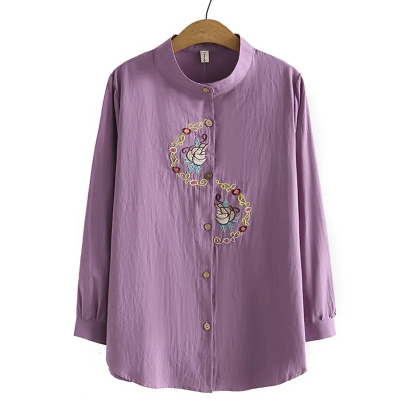

4XL Plus Size Shirts Women Spring Chest Embroidery Flower Tops Loose Long Sleeve Stand Collar Cotton Blouses Curve Clothes