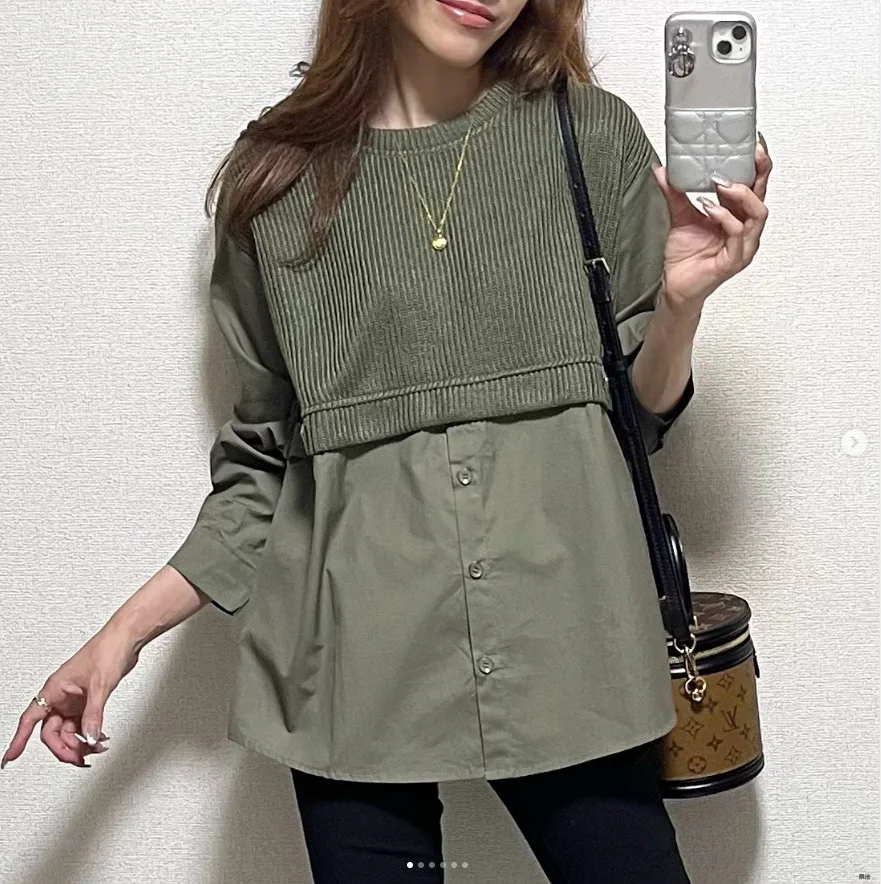 

Japanese Style New Women's Knitted Spliced Shirts Fashion Female Knitted Top Green Round Neck Long Sleeve Pullover Blouse