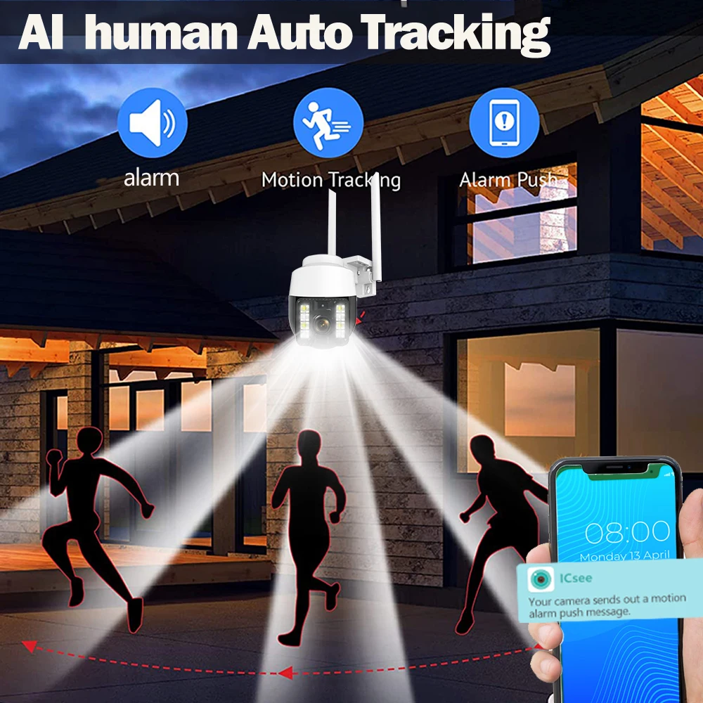8MP 4K IP-камера Открытый WiFi 360° Видеонаблюдение 5MP Security CCTV Cam AI Tracking HD PTZ Onvif H.265 iCSee APP