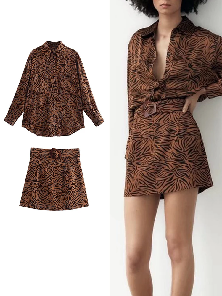 

TFMLN 2Pcs Summer Women Striped Blouses+Skirt Set 2022 Turn Down Collar Long Sleeve Tops High Waist Skirt With Belt Girl Outfits
