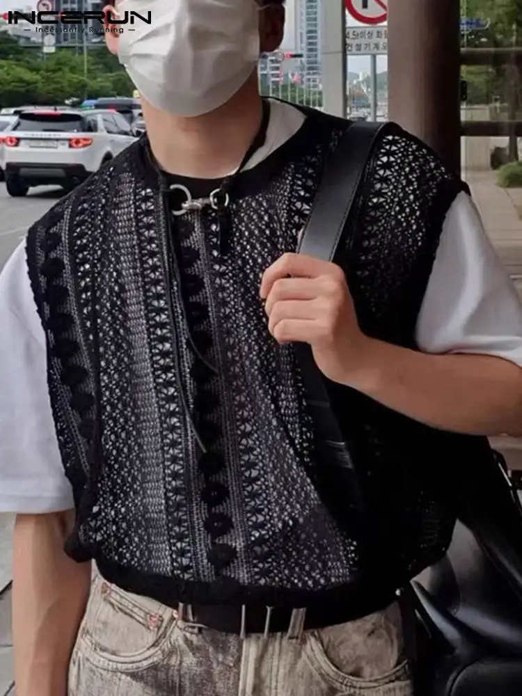 

INCERUN Tops 2022 Korean Style Men's Waistcoat Sexy Leisure Male Lace Wool Knit Vests Fashion Hollow Sleeveless Tank Tops S-5XL