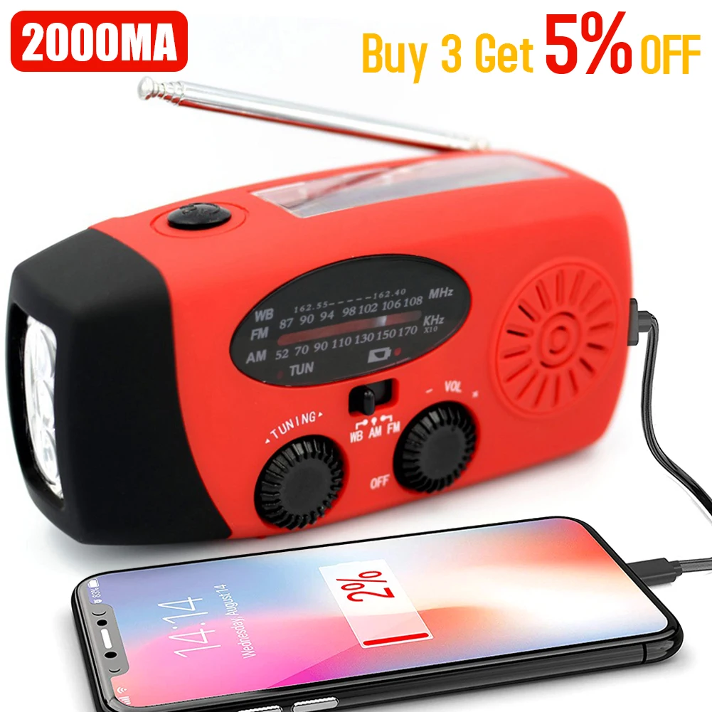 

Multifunctional Hand radio Solar Crank Dynamo Powered AM/FM/NOAA Weather Radio Use Emergency LED Flashlight Power Bank