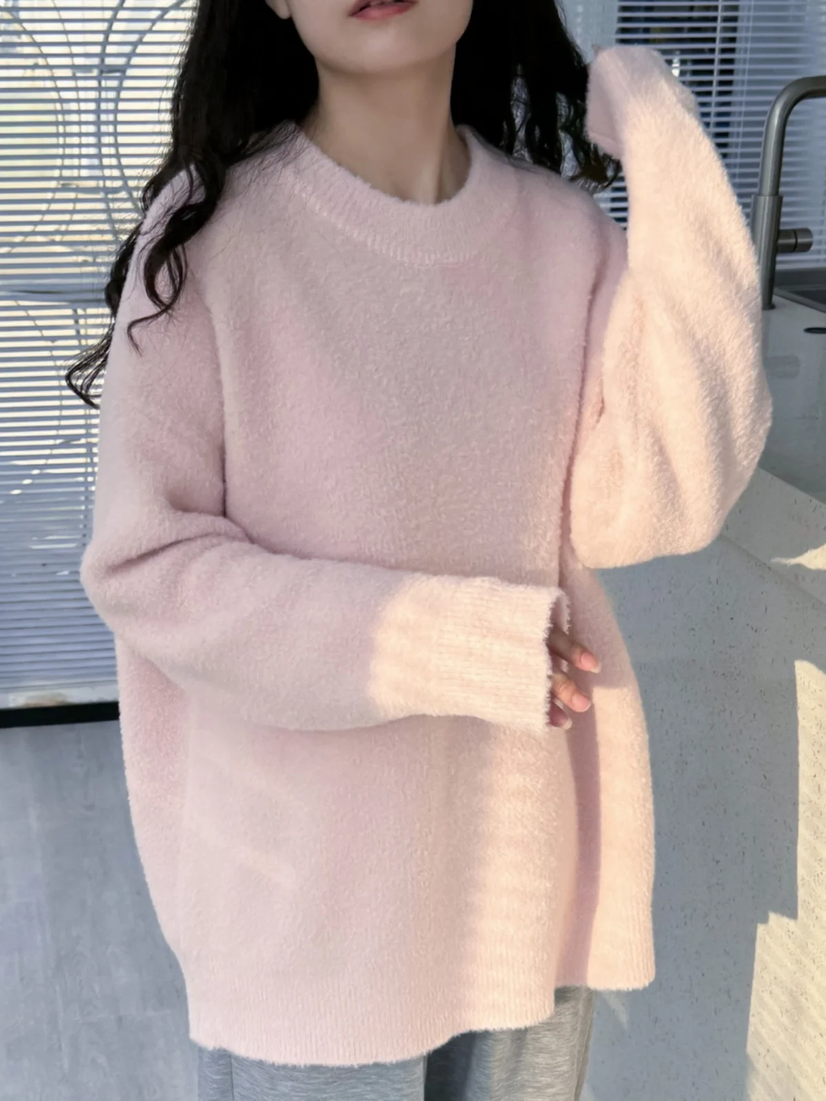 Осенне-зимний розовый свитер женский свободный однотонный норковый бархатный