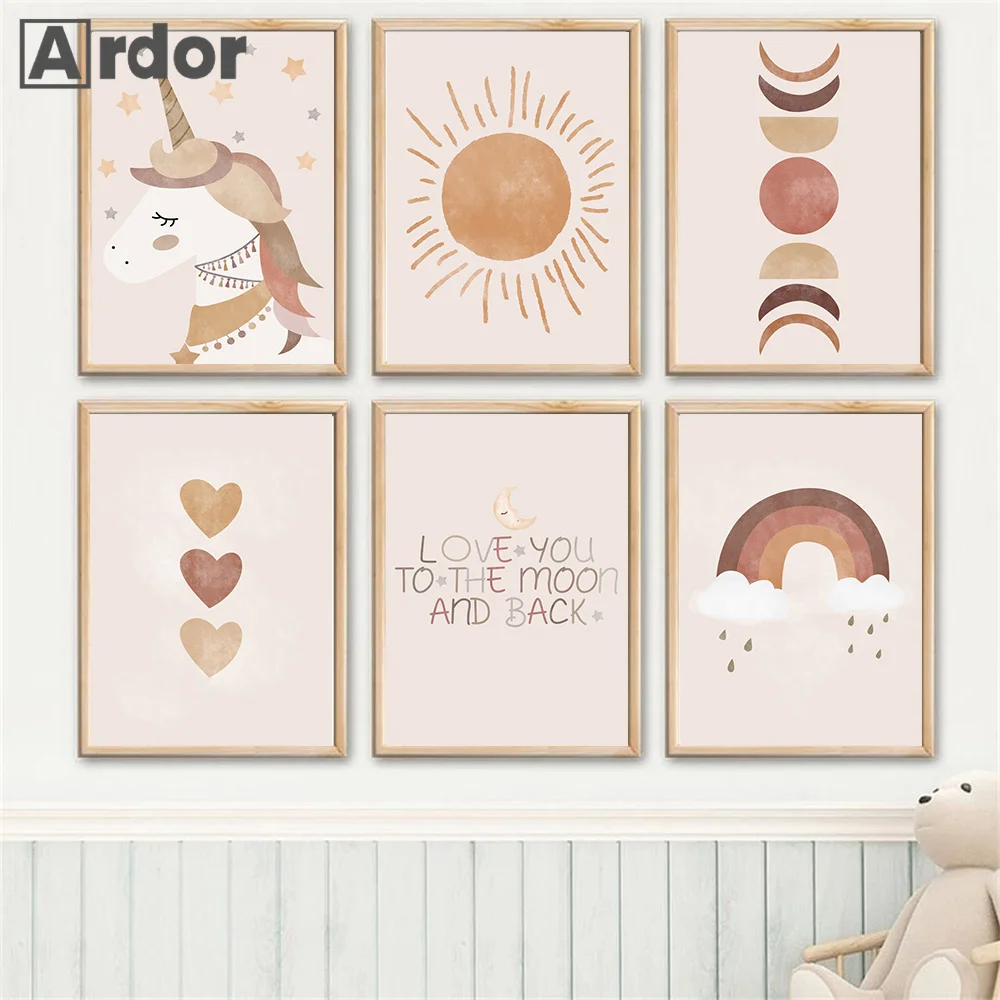 

Мультяшные цитаты, искусство на холсте с рисунком загара, Луны, облака, радуги, картины на стену, декор для детской комнаты