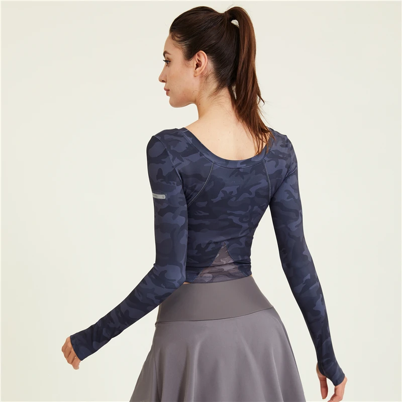 Vansydical Sexy Women Camouflage Sport Shirts High Elastic Gym Yoga Tops Running Breathable Long Sleeve T-Shirts Tie Dye Top