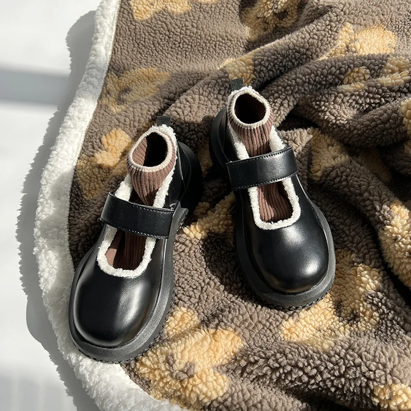 

Retro Solid Women's Mary Jane Leather Shoes for 2021 Winter New Fashion Velcro Flat Warm Plush Insole Female's Casual Shoes