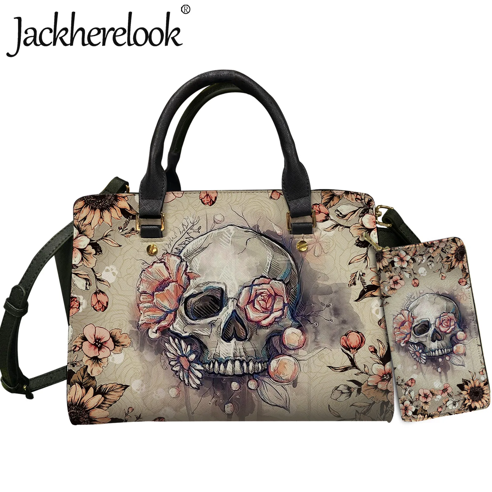 

Jackherelook New Arrivals Women 2Pcs/Set Tote Bag with Wallet Pink Floral Skull 3D Printed Female Crossbody Bag Handbag Bolsa