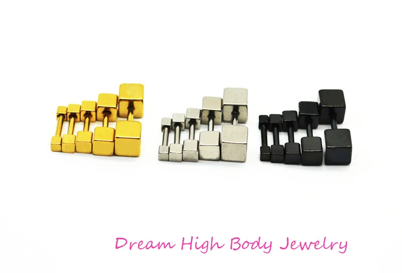 

Quartet 2 3 4 5 mm square stud earrings Steel Black gold earrings titanium Barbell Punk Simple Women Body Piercing Jewelry