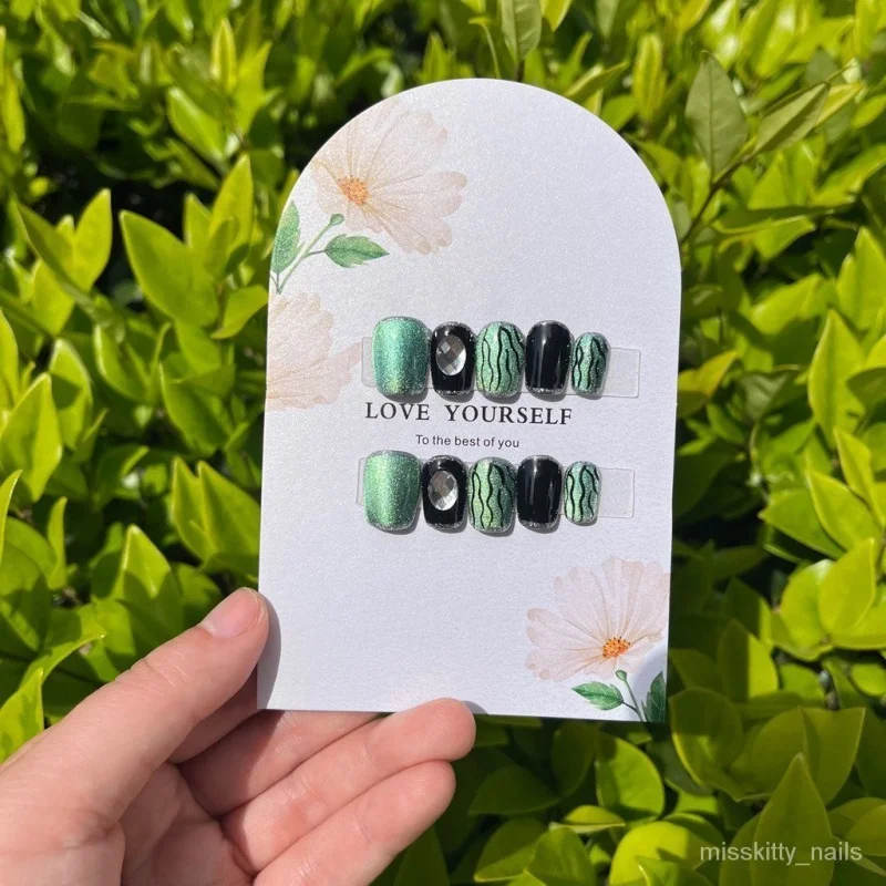 Misskitty ногти ручной работы ультра-короткая лестница зеленый кошачий глаз черный