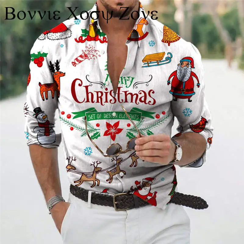 

2022 Christmas Shirts 3d Printed Xmas Long Sleeve Blouse Holiday Party Tops Oversized Tee Shirt for Men Clothing Harajuku Camisa