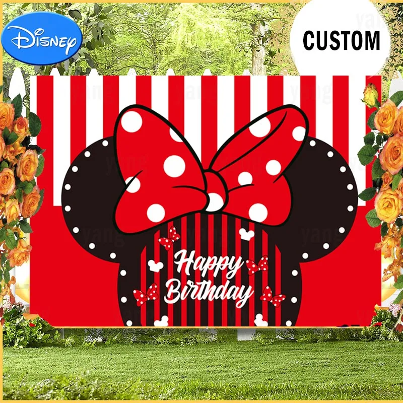 Disney Happy Birthday Princess Party Customize Red Black Minnie Mickey Mouse Custom Photo Backdrop Background Baby Kids Birthday