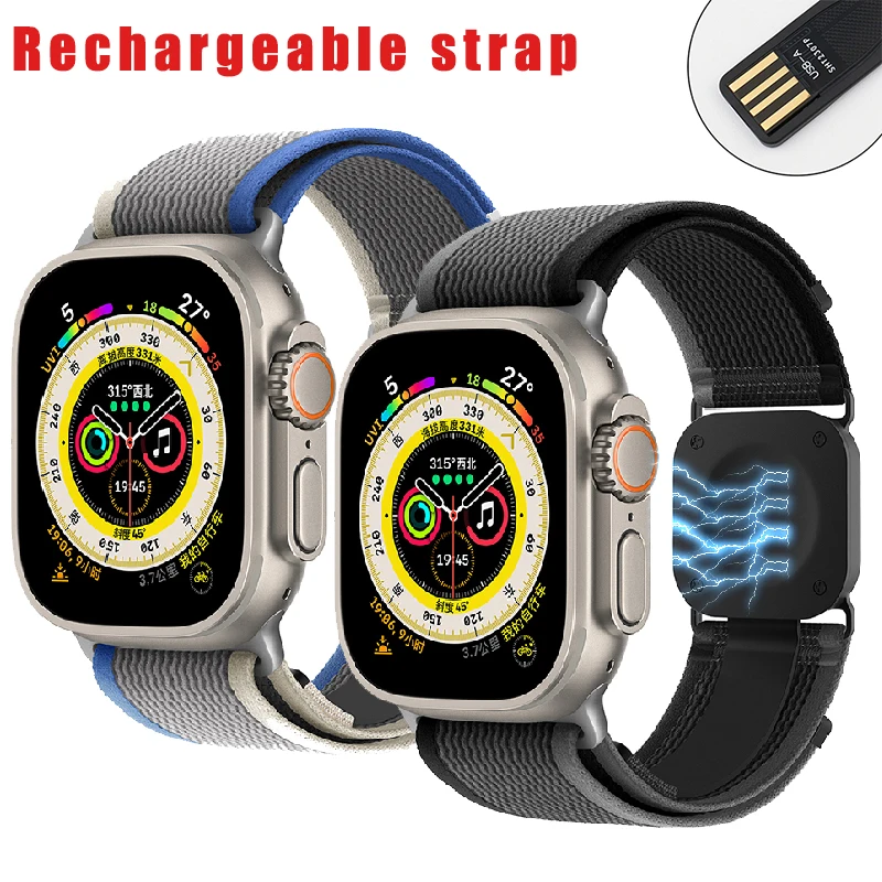 

Rechargeable Strap for Apple Watch Band 49mm 44mm 40 45mm 41mm 42 Nylon Loop Bracelet Iwatch Ultra 8 7 6 SE 5 USB Portable Strap