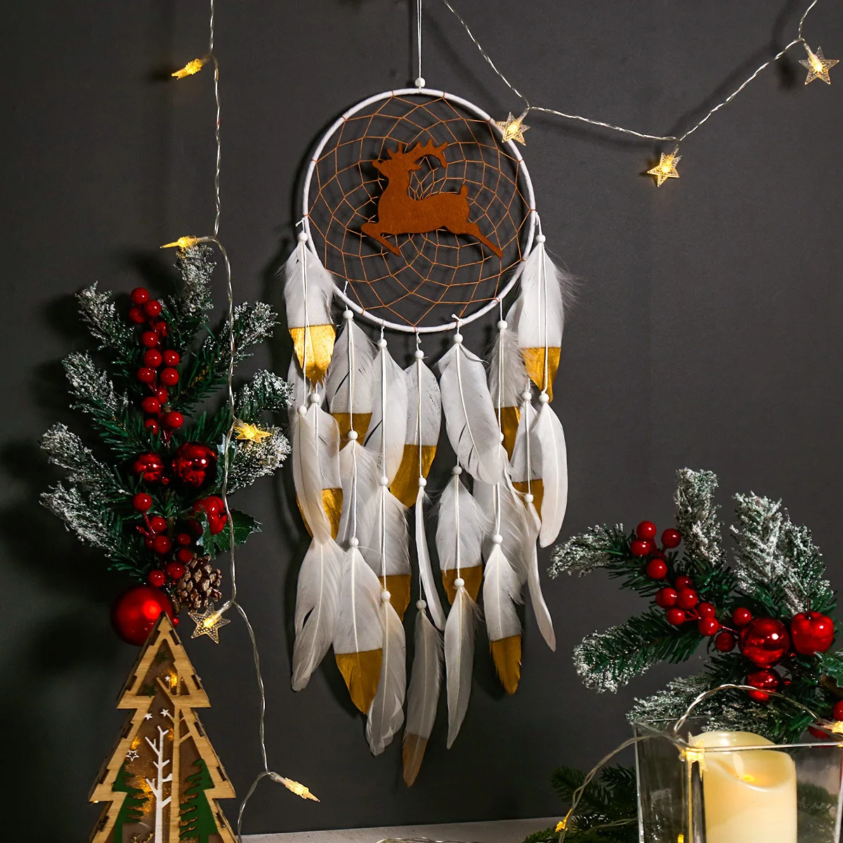 

Christmas Elk Dream Catcher Indian Hand Woven Gold Goose Feather Tassel Christmas Dress Christmas Ornaments Navidad