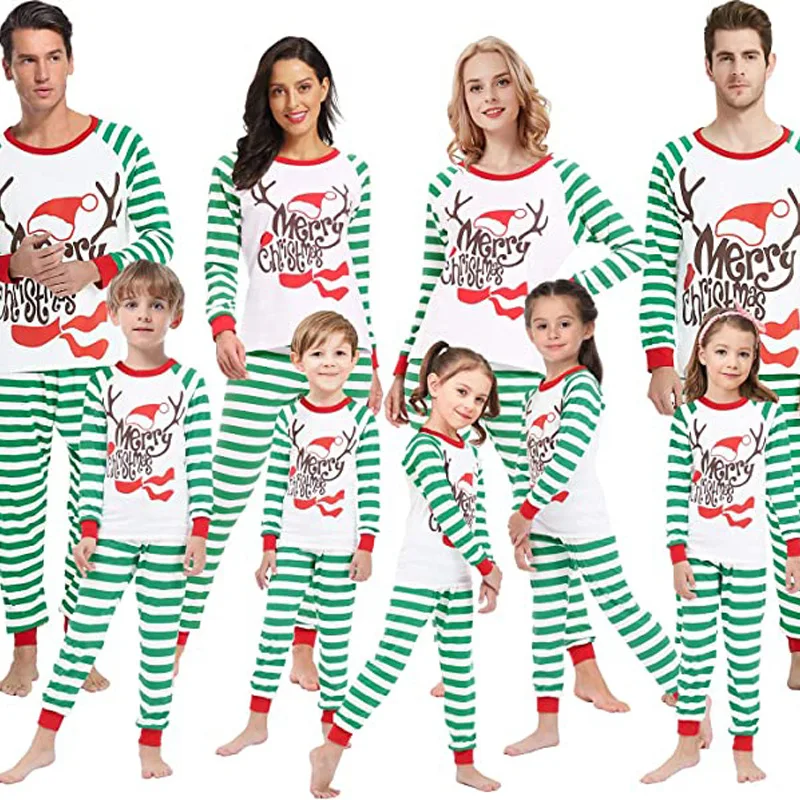 

Одинаковый семейный пижамный комплект, рождественские наряды, Полосатый пуловер, верх и низ, длинная пижама в полоску из двух предметов