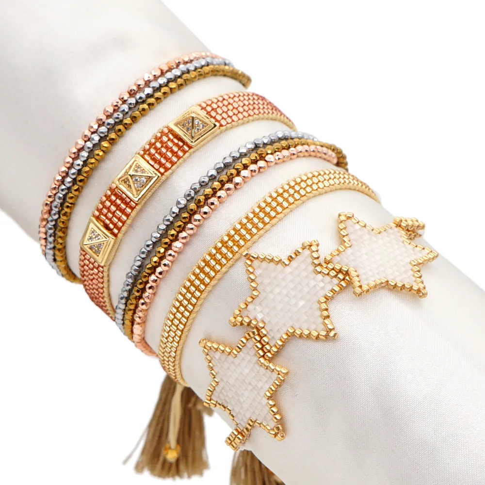 

Statement-style Rose Gold Studs with Diamonds Multi-layered Beaded Stacked Miyuki Rice Bead Bracelet Set Bracelet for Women